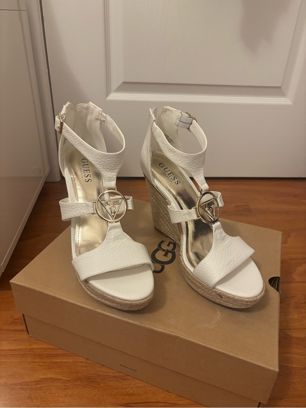 GUESS White Espadrille Wedge Sandals with Gold Logo Accent